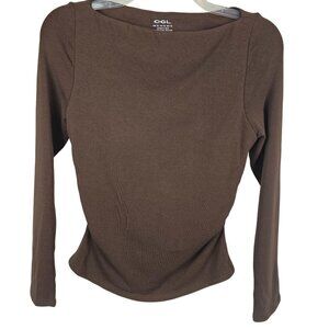 OGL NWT Womens XL Top Modern Side Ruched Boatneck Brown Basic Classic Simple